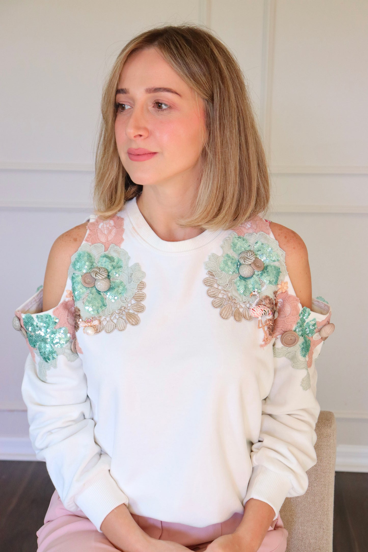 Cold shoulder sequin beaded sweatshirt