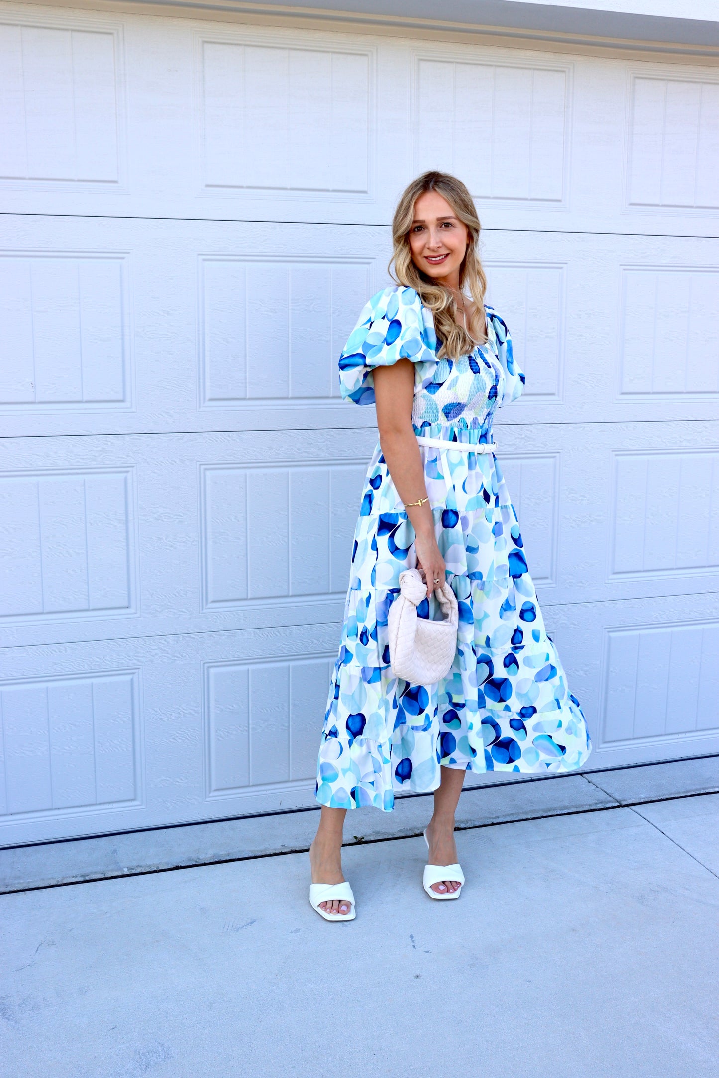 Feminine styling with the Sequoia Blue circles Dress! - Elastic Neckline - Elastic Waistline - Material Polyester/ Rayon - Puff Sleeve