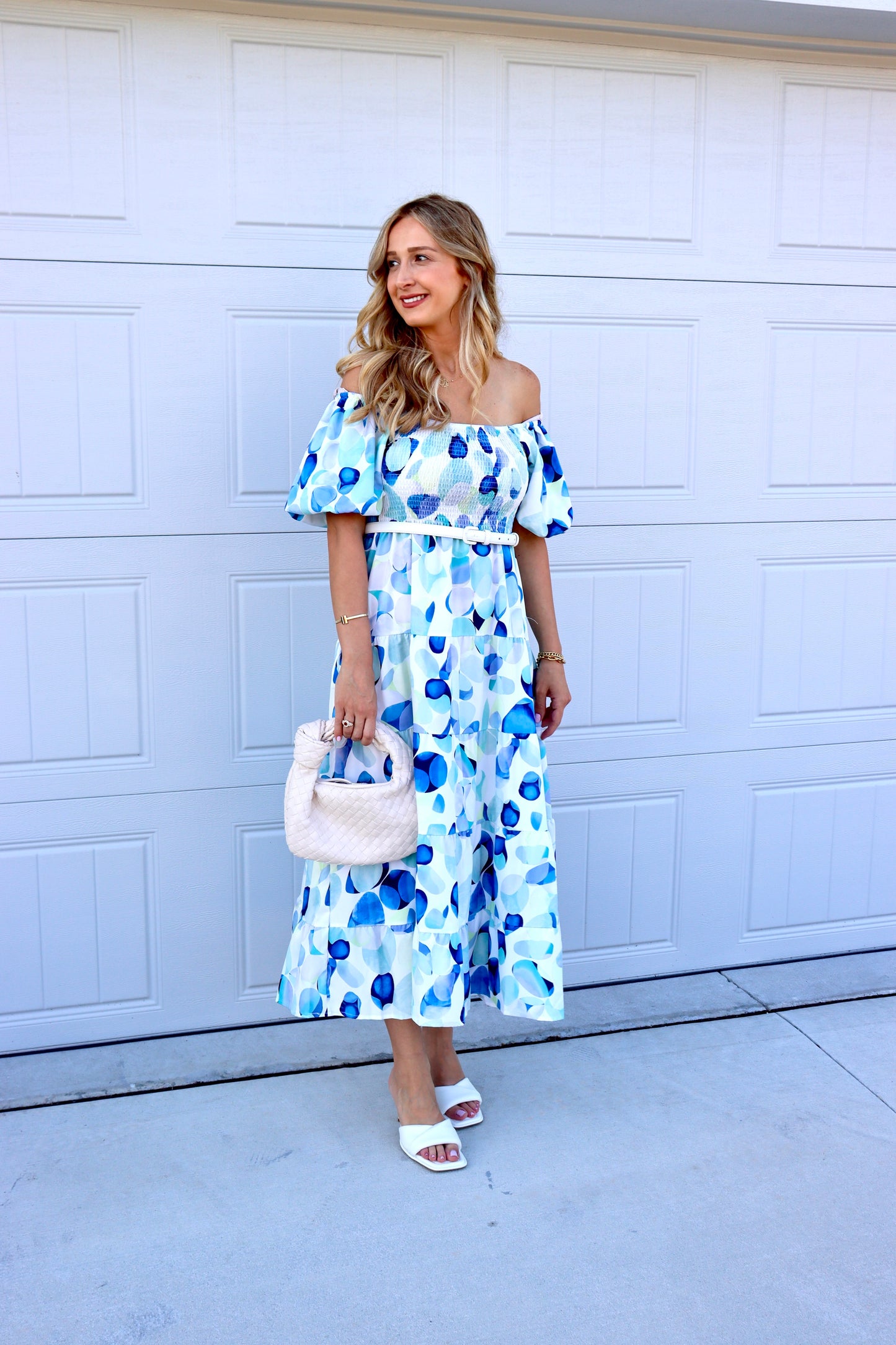 Feminine styling with the Sequoia Blue circles Dress! - Elastic Neckline - Elastic Waistline - Material Polyester/ Rayon - Puff Sleeve