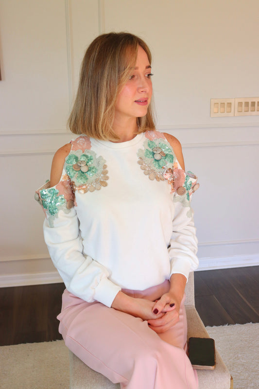 Cold shoulder sequin beaded sweatshirt