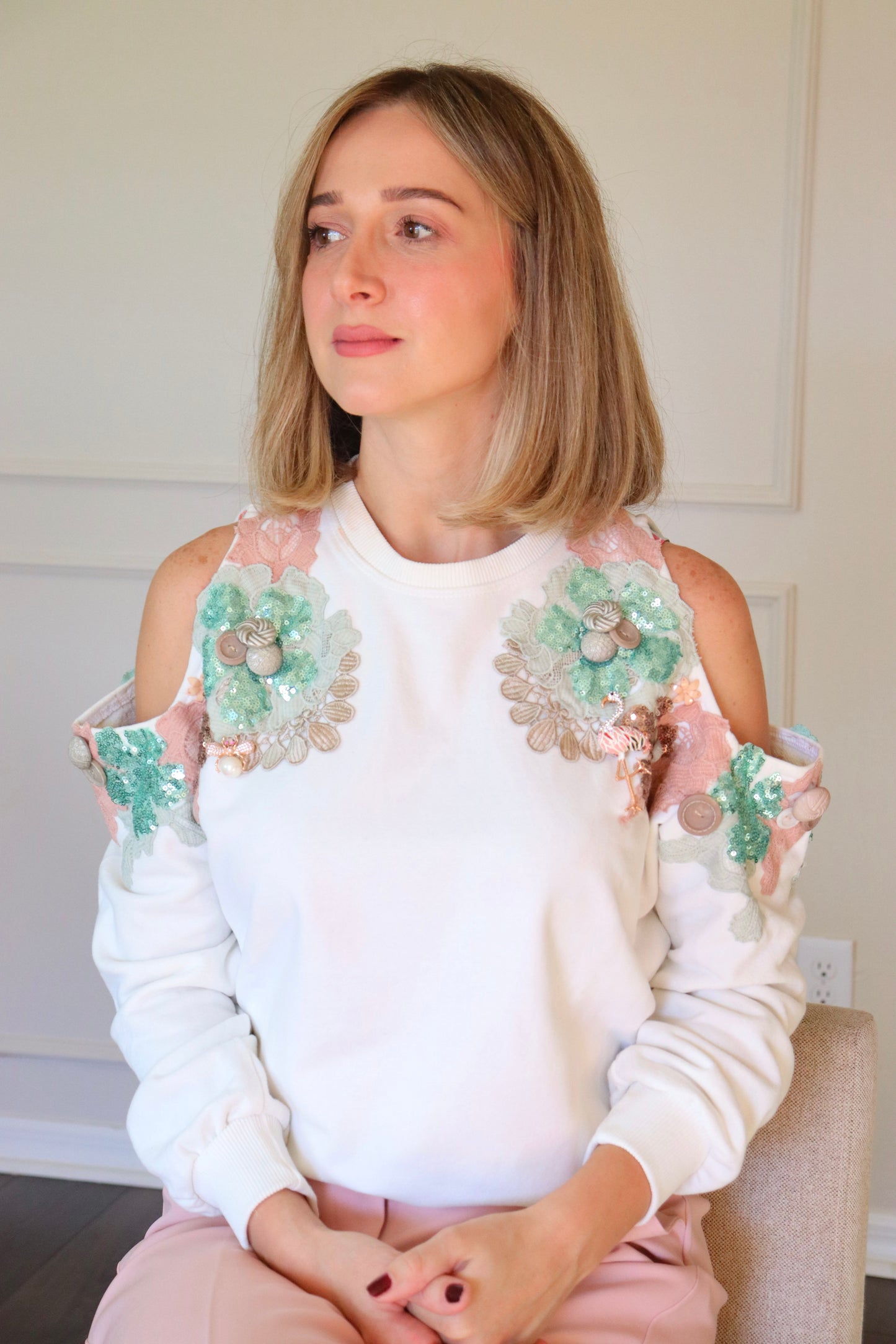 Cold shoulder sequin beaded sweatshirt