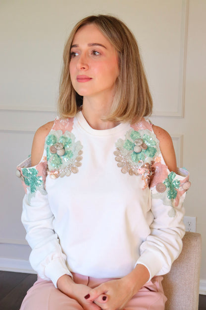 Cold shoulder sequin beaded sweatshirt