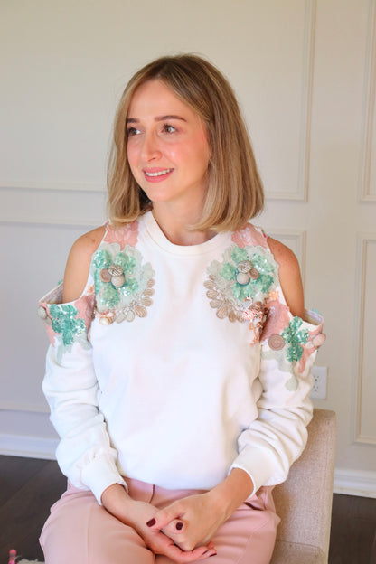 Cold shoulder sequin beaded sweatshirt