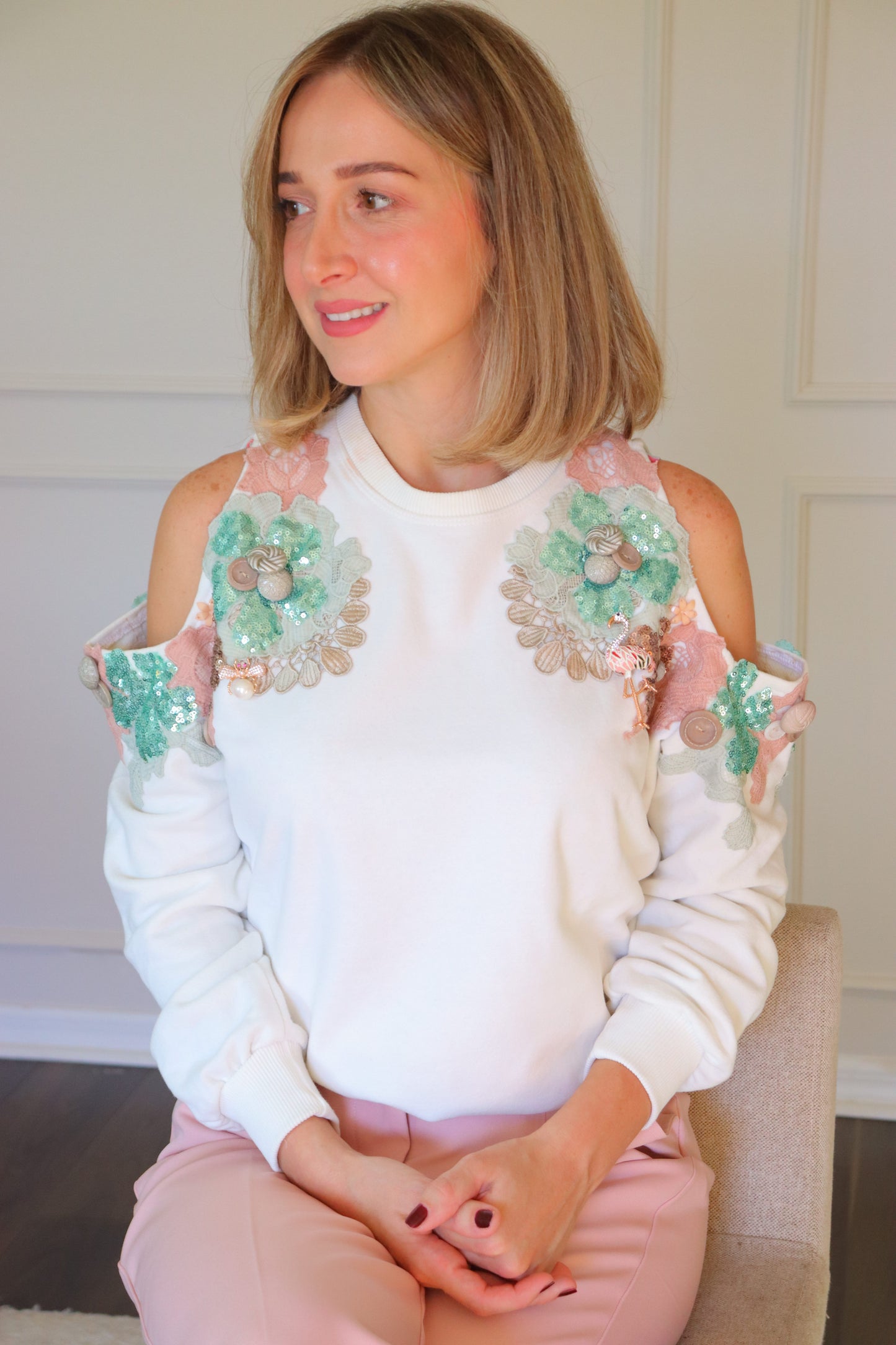 Cold shoulder sequin beaded sweatshirt