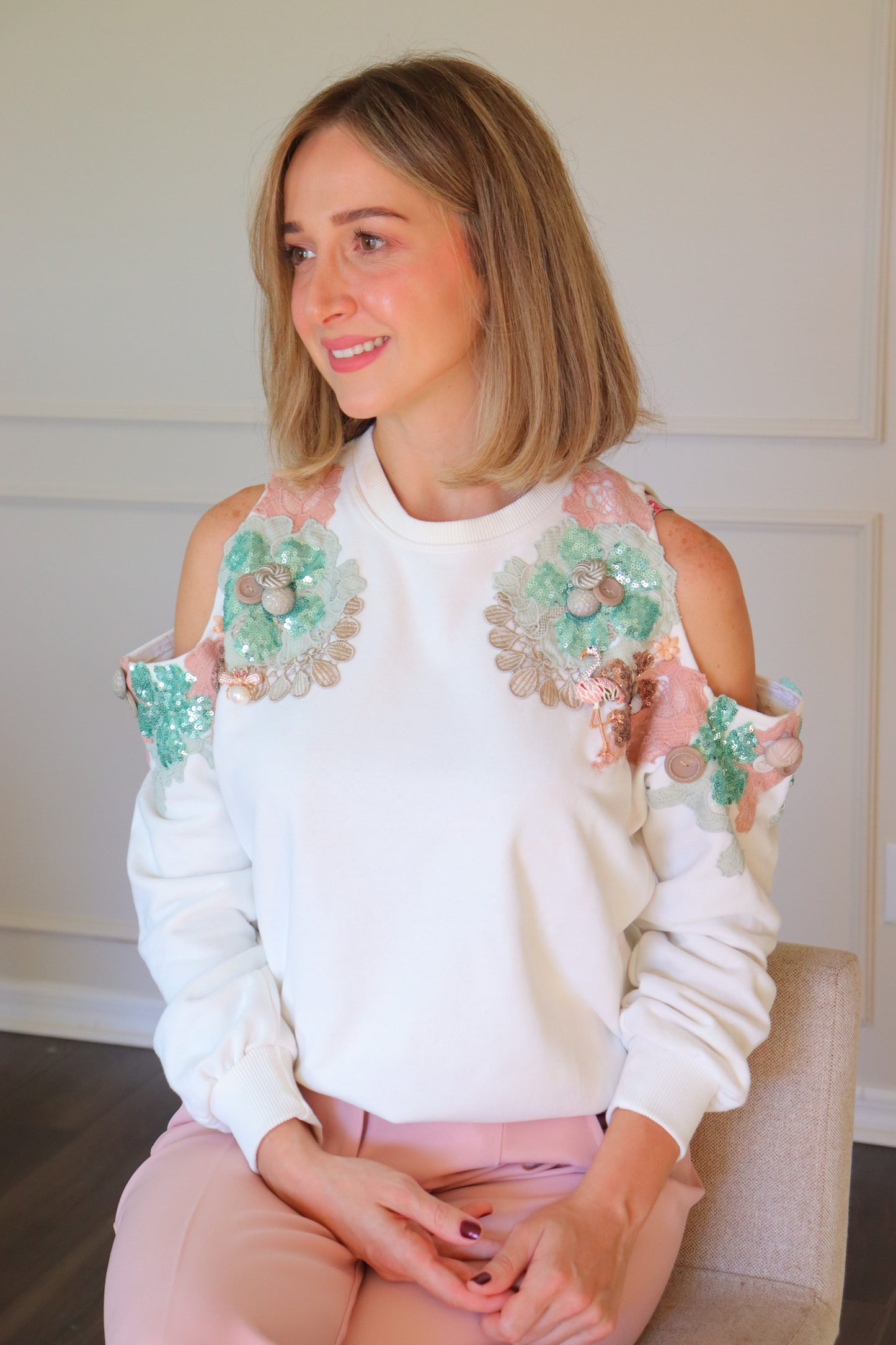 Cold shoulder sequin beaded sweatshirt