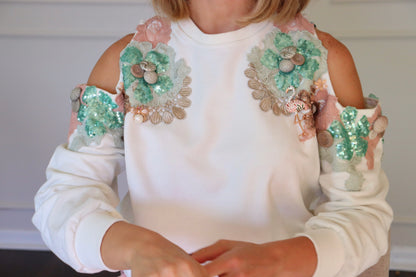Cold shoulder sequin beaded sweatshirt