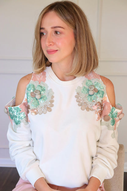 Cold shoulder sequin beaded sweatshirt