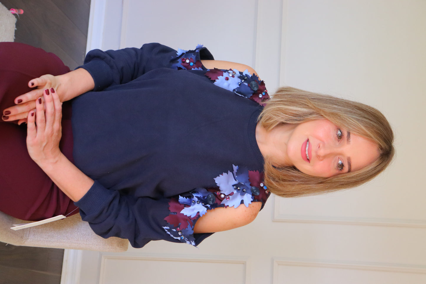 Cold shoulder flower embellished ribbed sweater- Navy Ble