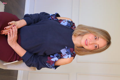 Cold shoulder flower embellished ribbed sweater- Navy Ble