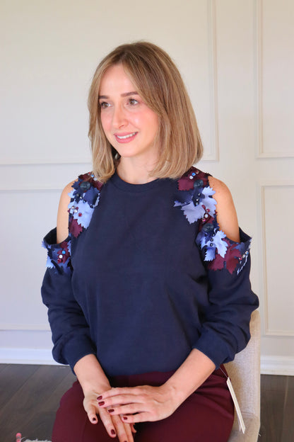 Cold shoulder flower embellished ribbed sweater- Navy Ble