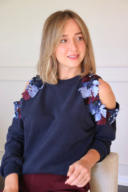 Cold shoulder flower embellished ribbed sweater- Navy Ble