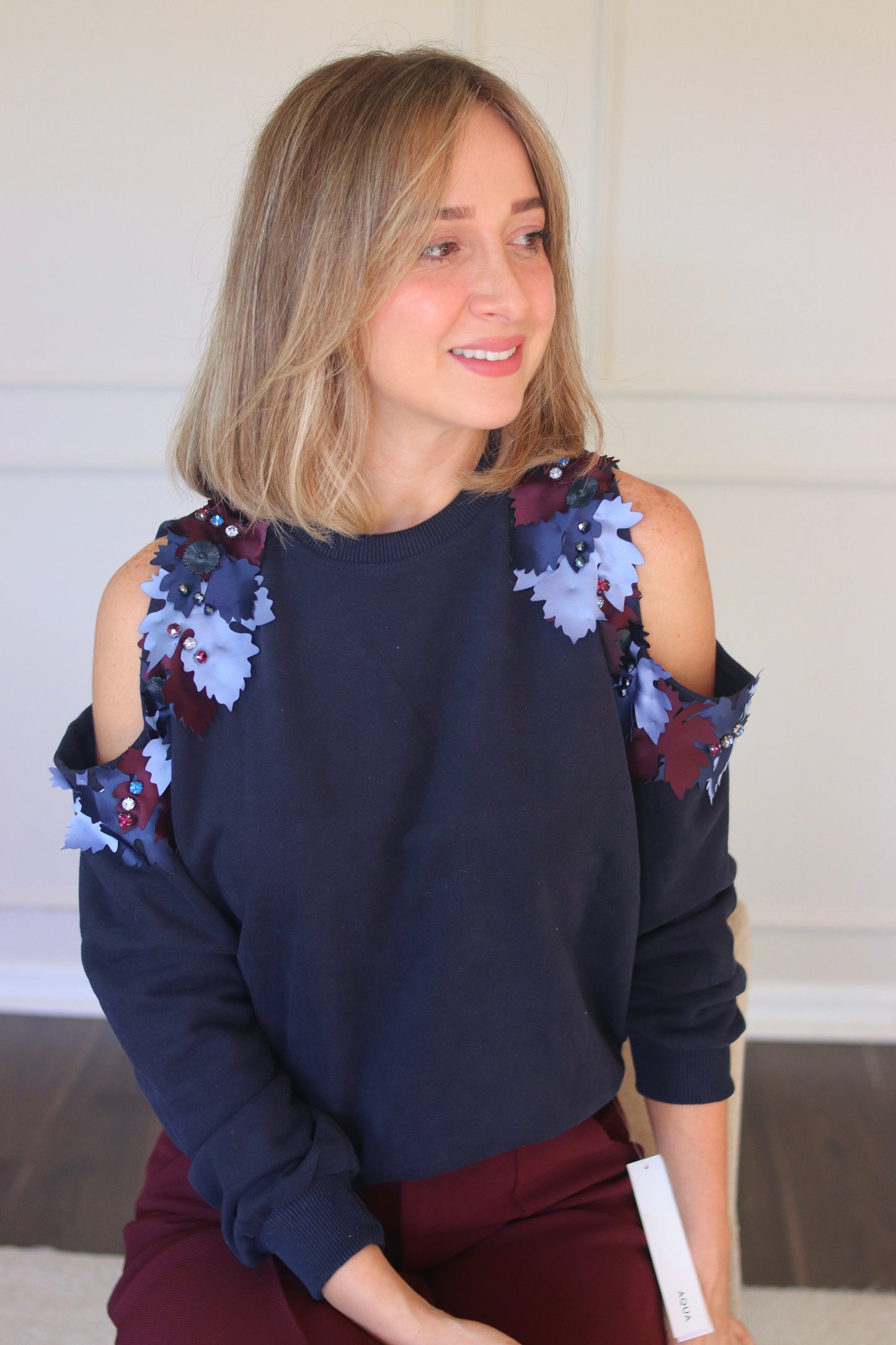 Cold shoulder flower embellished ribbed sweater- Navy Ble