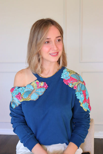 Cold shoulder flower embellished ribbed sweater- Blue