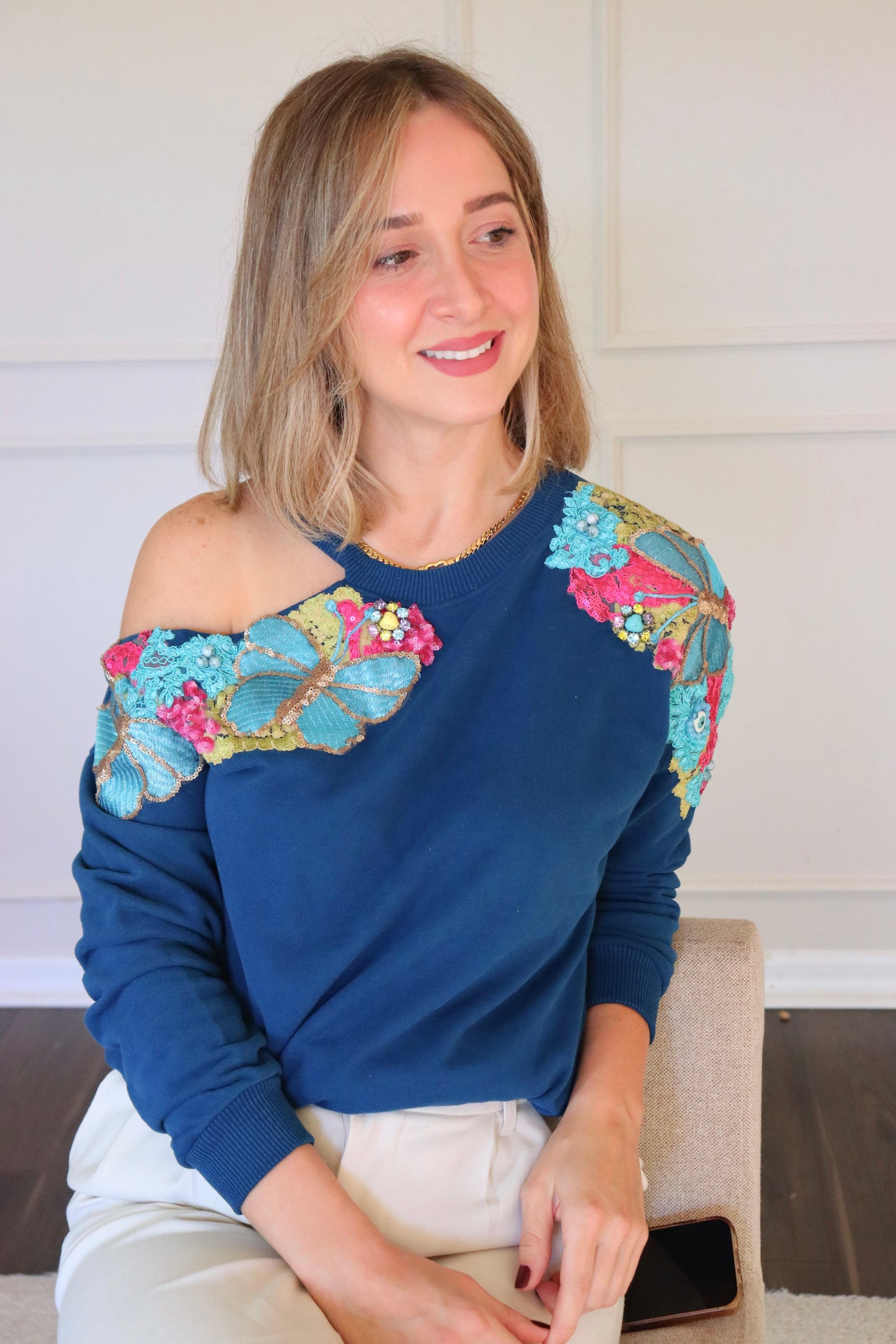 Cold shoulder flower embellished ribbed sweater- Blue