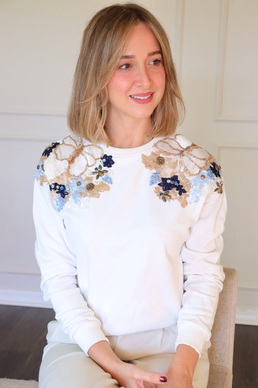 Sequin flower sweater- White