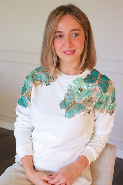 Embroidered Sequin top flower sweater- White