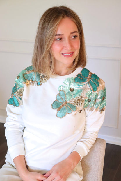 Embroidered Sequin top flower sweater- White