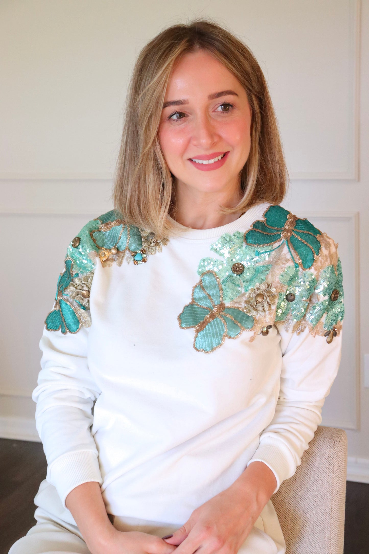 Embroidered Sequin top flower sweater- White