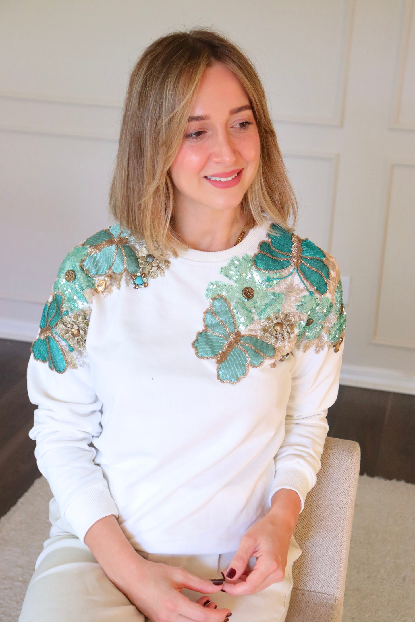 Embroidered Sequin top flower sweater- White