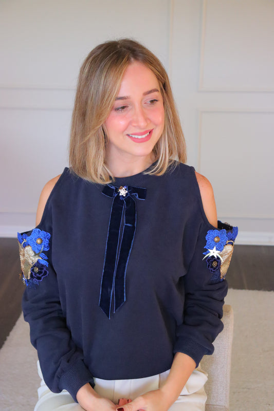 Cold shoulder flower embellished sweater- Velvet Bow