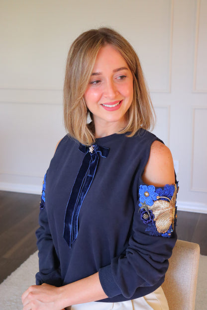 Cold shoulder flower embellished sweater- Velvet Bow