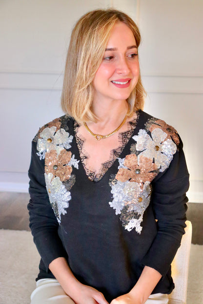 V-Neck Sequin flower sweater- Black