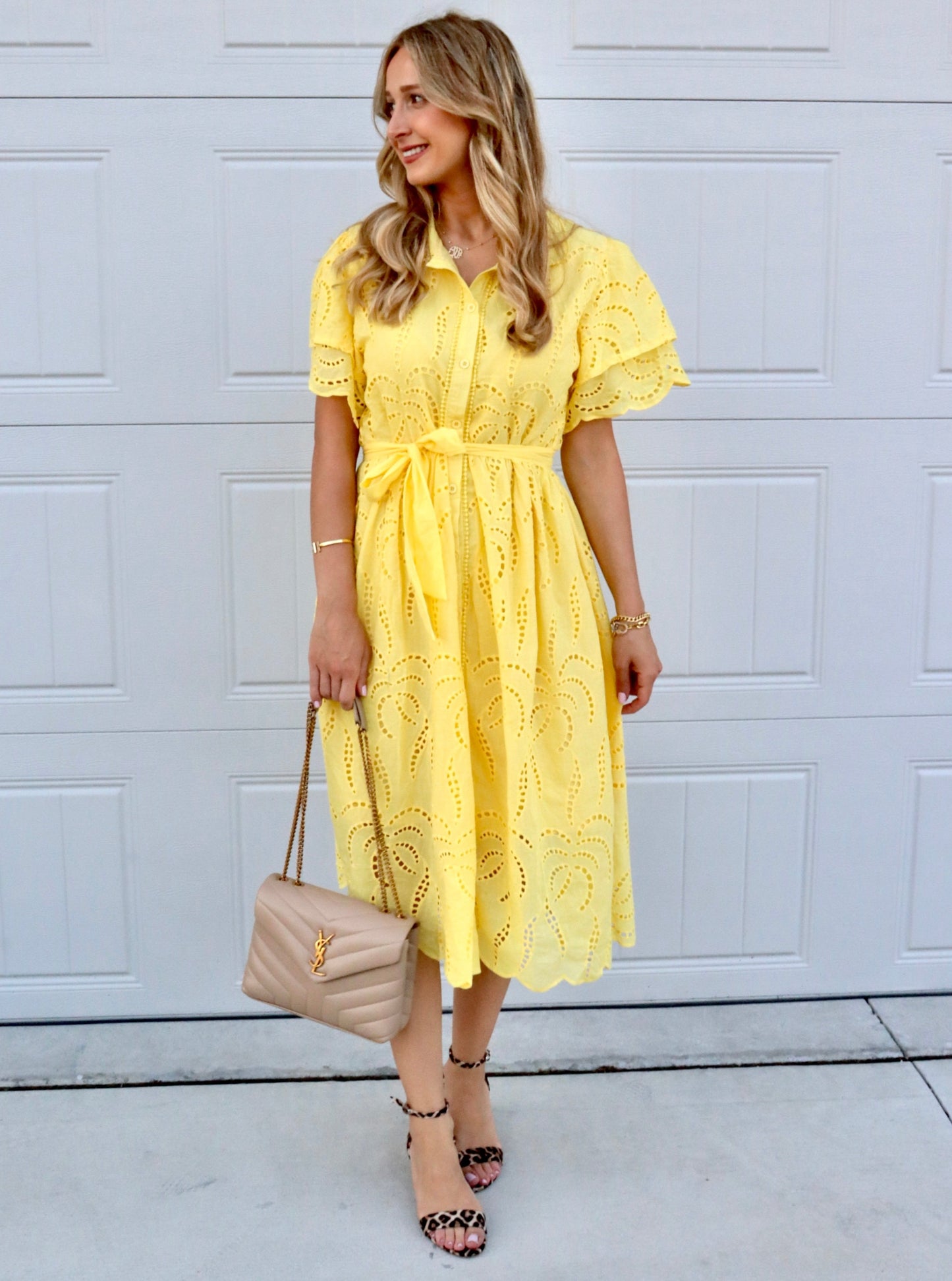 Feminine styling with the Bratislava Yellow Dress!  - Elegant embroidered Pleated collar with button - Loop Belt included - Short Sleeves - Loose/ non stretch - Fabric Lace - Material Cotton/ Polyester