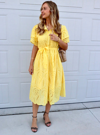 Feminine styling with the Bratislava Yellow Dress!  - Elegant embroidered Pleated collar with button - Loop Belt included - Short Sleeves - Loose/ non stretch - Fabric Lace - Material Cotton/ Polyester