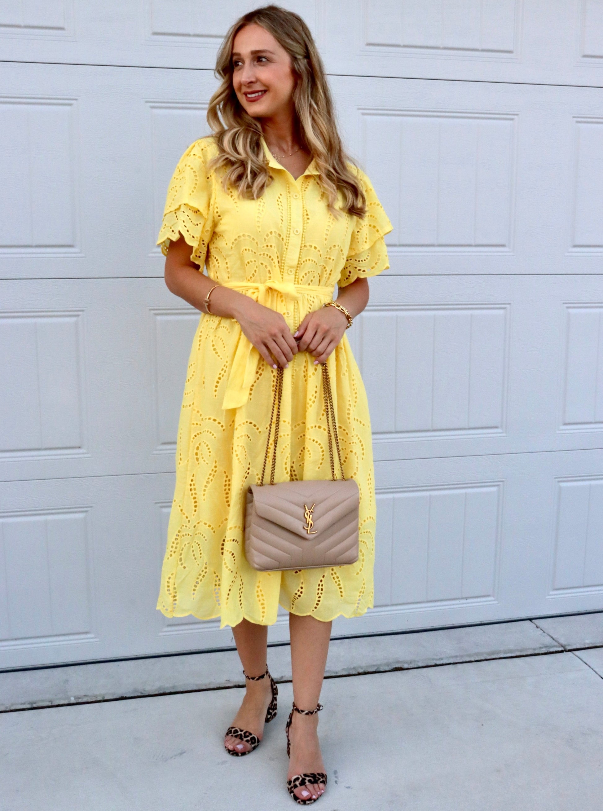 Feminine styling with the Bratislava Yellow Dress!  - Elegant embroidered Pleated collar with button - Loop Belt included - Short Sleeves - Loose/ non stretch - Fabric Lace - Material Cotton/ Polyester