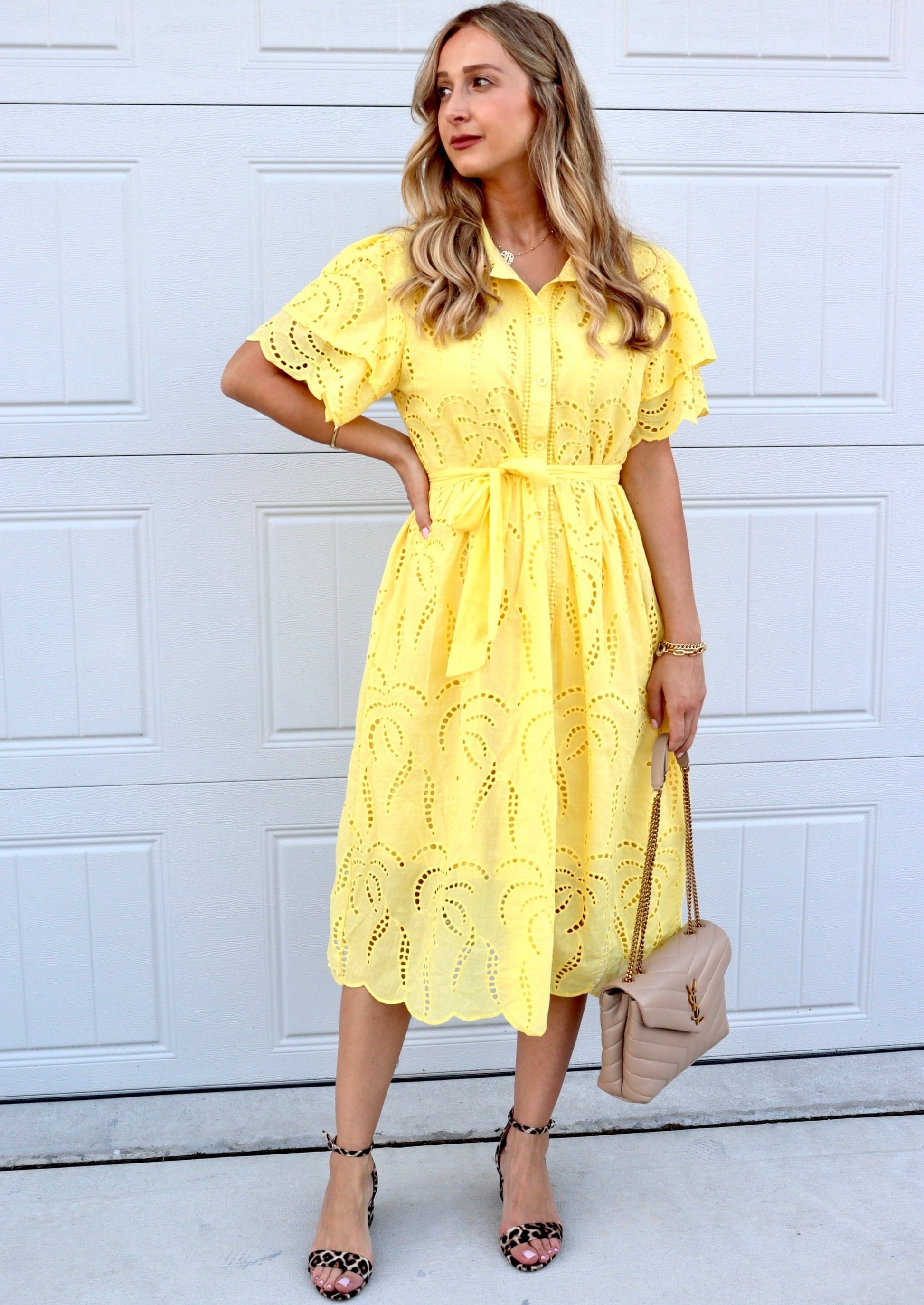 Feminine styling with the Bratislava Yellow Dress!  - Elegant embroidered Pleated collar with button - Loop Belt included - Short Sleeves - Loose/ non stretch - Fabric Lace - Material Cotton/ Polyester