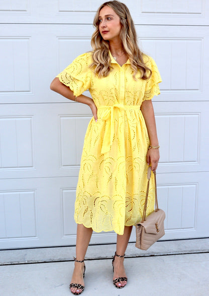 Feminine styling with the Bratislava Yellow Dress!  - Elegant embroidered Pleated collar with button - Loop Belt included - Short Sleeves - Loose/ non stretch - Fabric Lace - Material Cotton/ Polyester