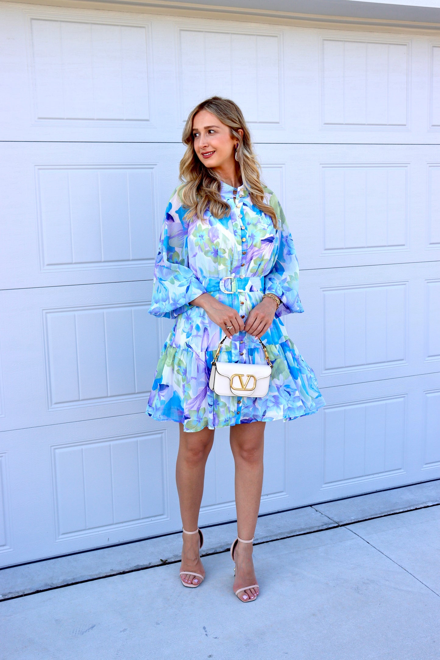 Feminine styling with the Marbella blue floral buttons sleeveDress Set!  - Multiple Button Closure - Includes loop belt - Button Cuff Sleeve - Non Stretch - Material: Polyester