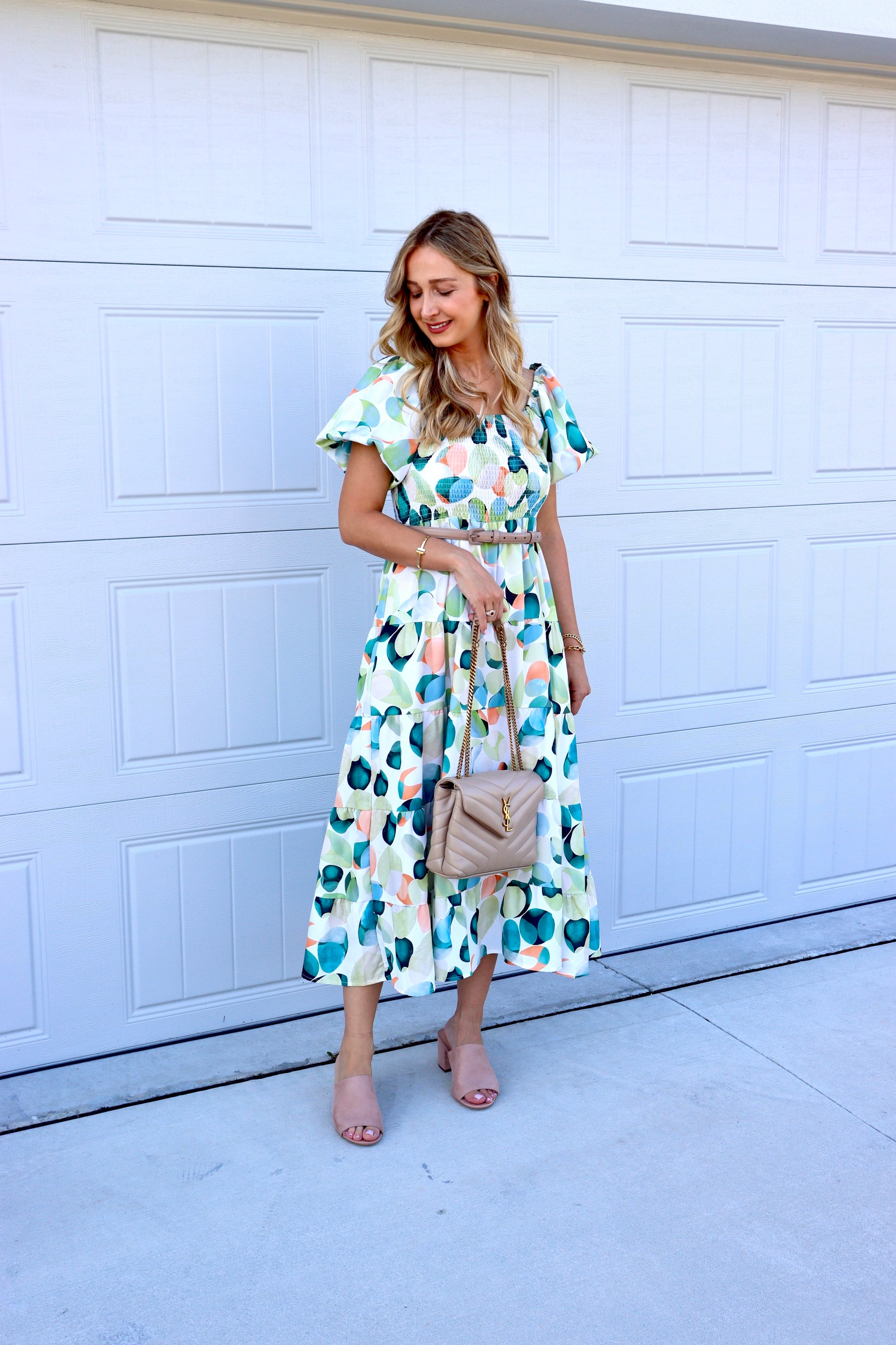 Feminine styling with the Sequoia green circles Dress!  - Elastica Neckline - Elastic Waistline - Material Polyester/ Rayon - Belt NOT included - Puff Sleeve